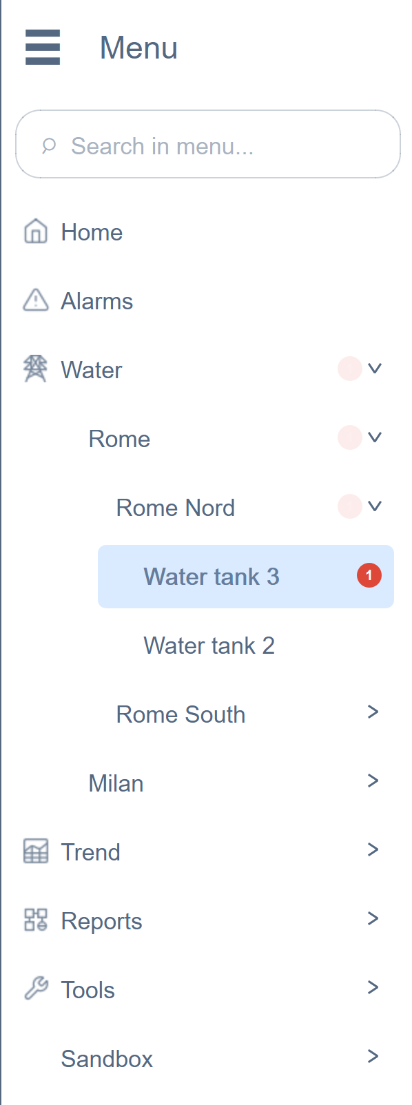 Menu with alarm badges